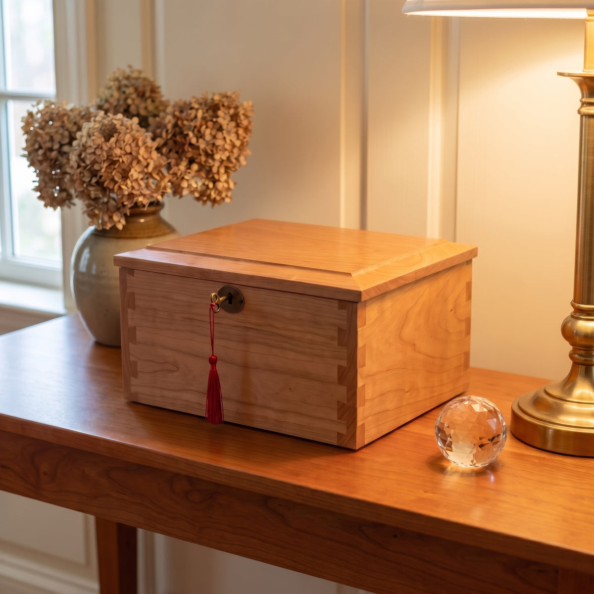 Natural wood urn chest on a wooden table in a warm home setting with dried flowers and a lamp