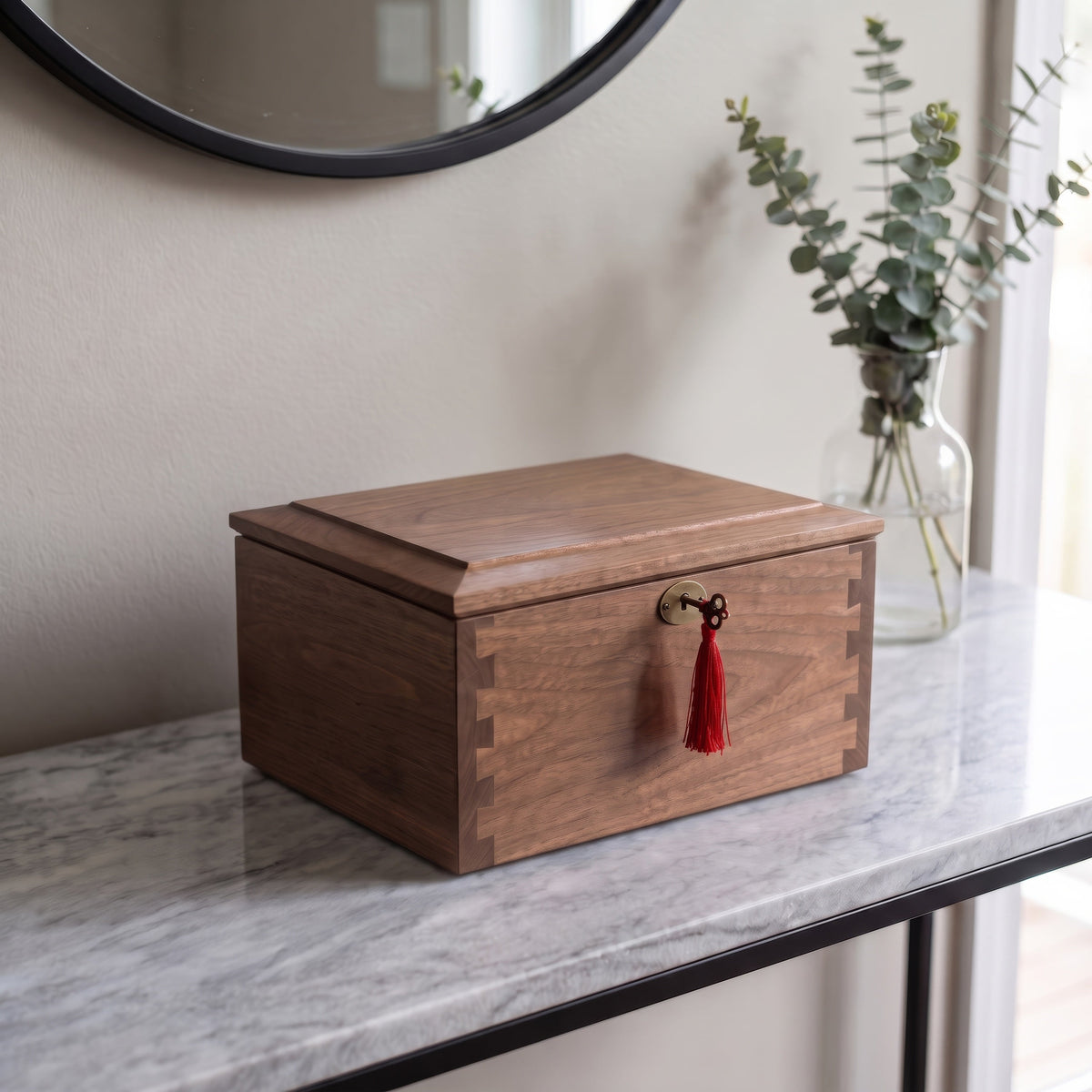 Walnut wood urn chest with visible dovetail joints on a marble console table