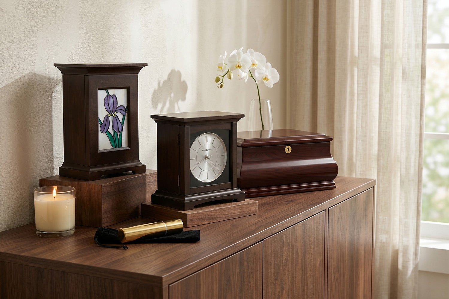 Different types of urns for ashes displayed in a warm home memorial setting