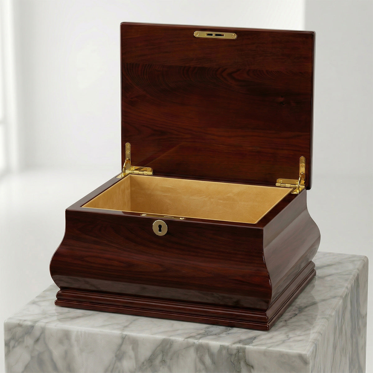 Wooden urn box with a gold clasp on a marble surface