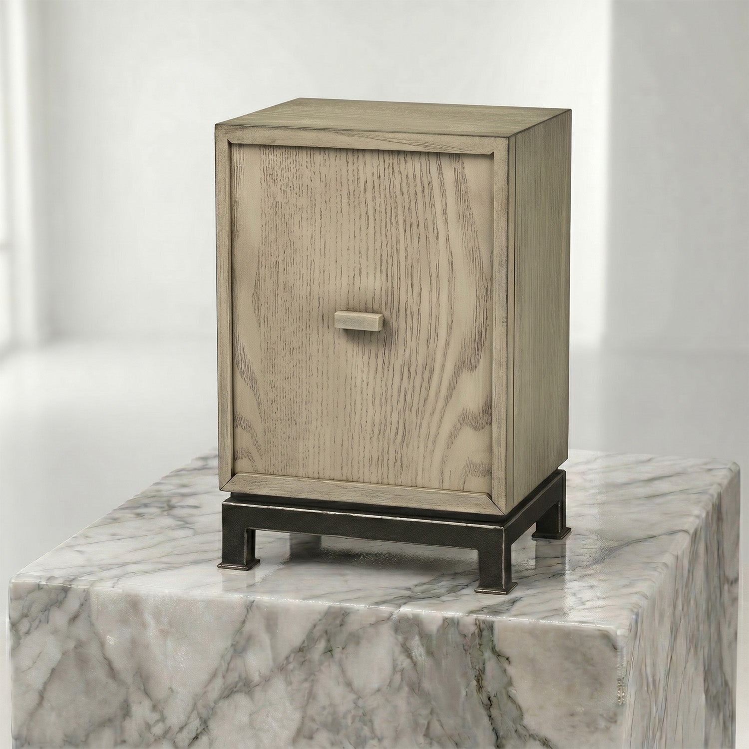 Back side of wooden urn on a marble surface