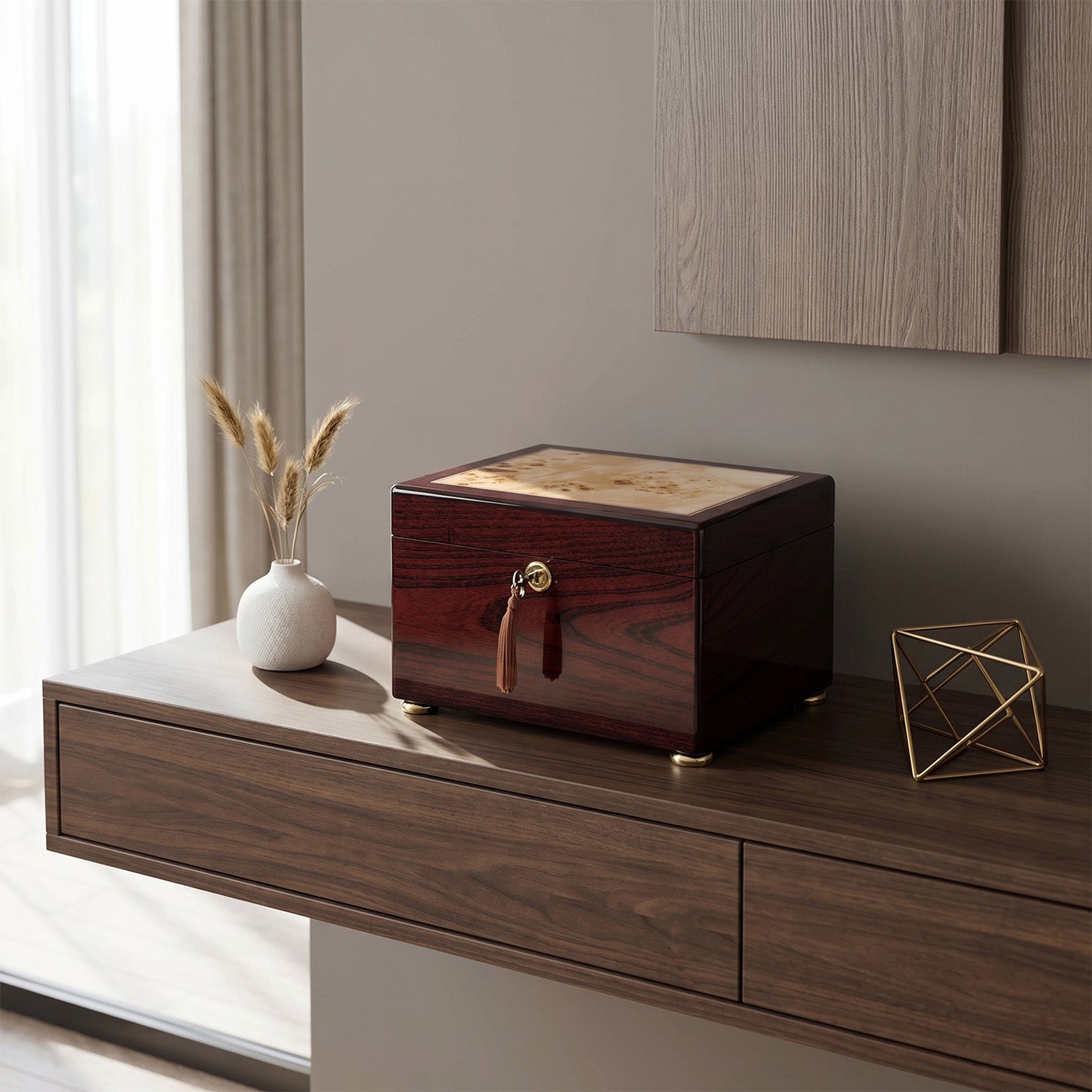 Wooden urn box on a wooden surface with decorative elements