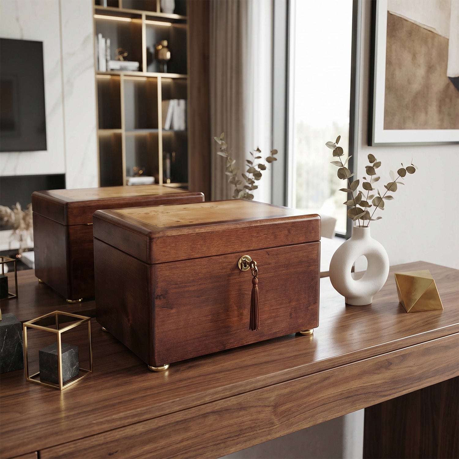 Wooden urn box on a wooden surface with decorative items in a room.