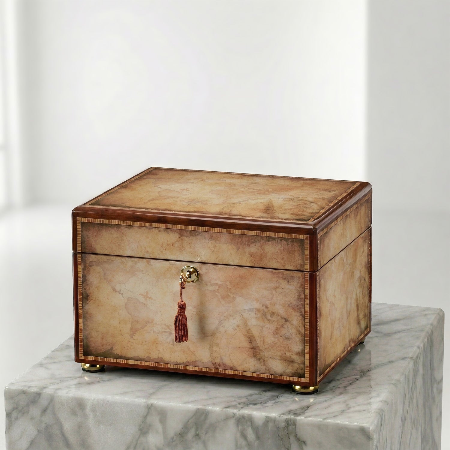 Wooden box urn with a tassel on a marble surface