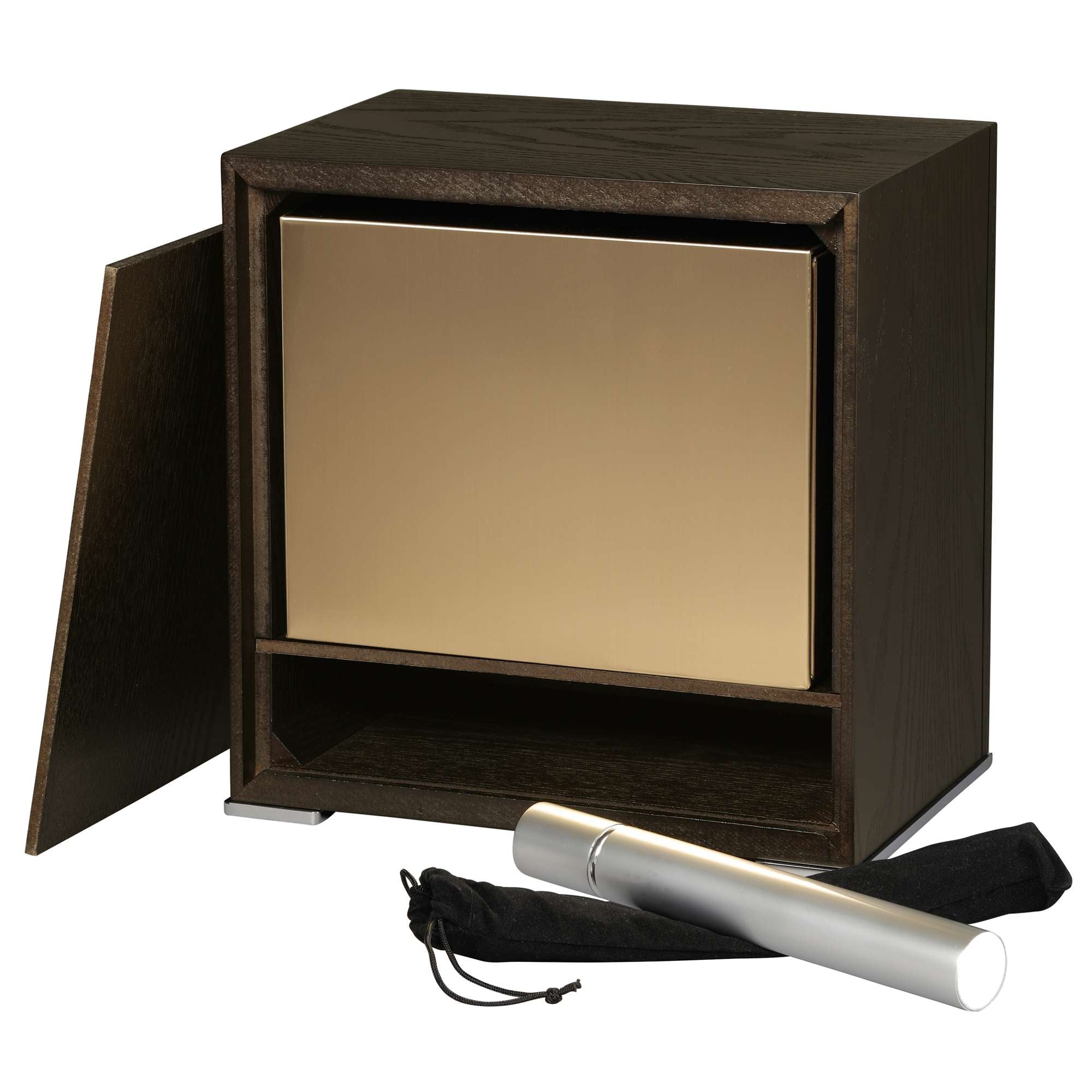 A modern wooden storage box with a metallic front, partially open, alongside a cylindrical object in a black pouch.