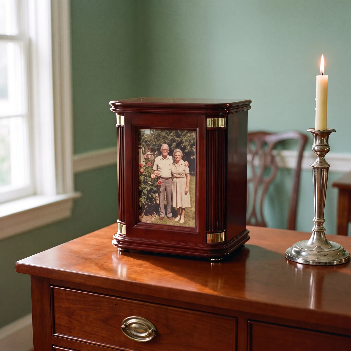 Honor II Adult Photo Urn - shown in a home