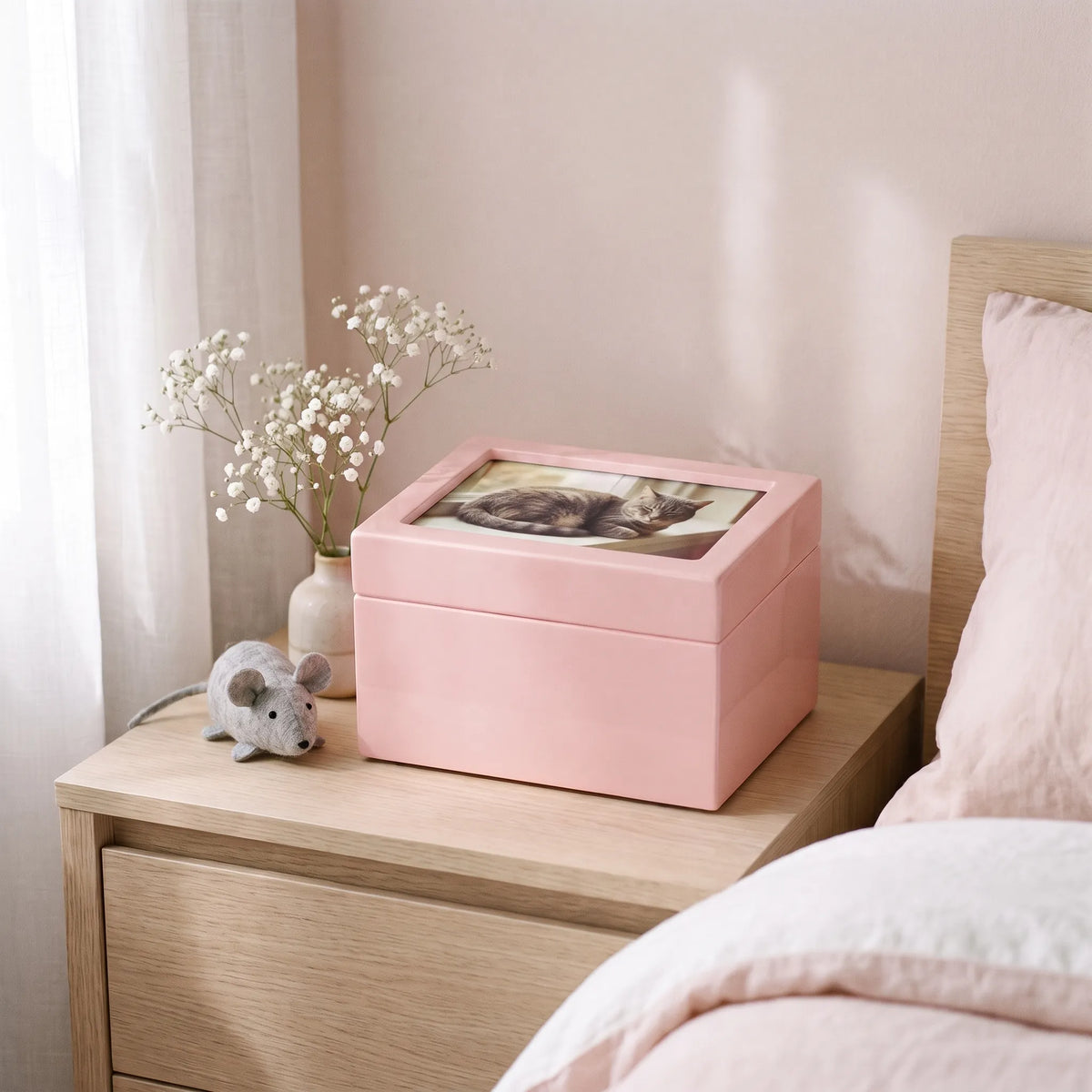 Precious Pink Pet Photo Urn - shown in a home
