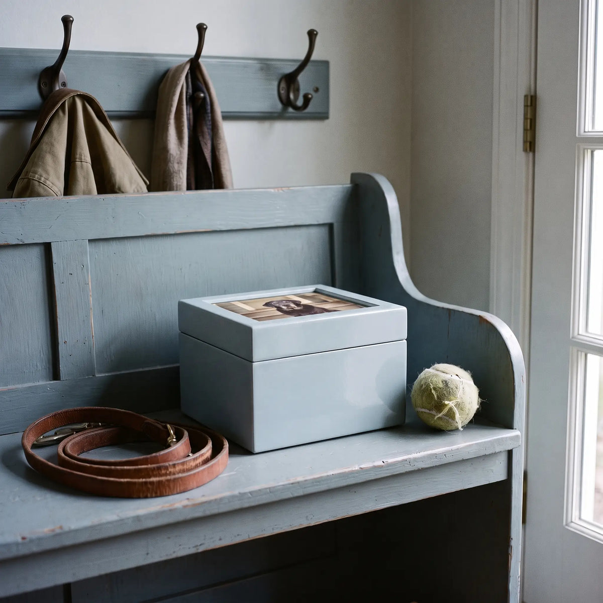 Precious Blue Pet Photo Urn - shown in a home
