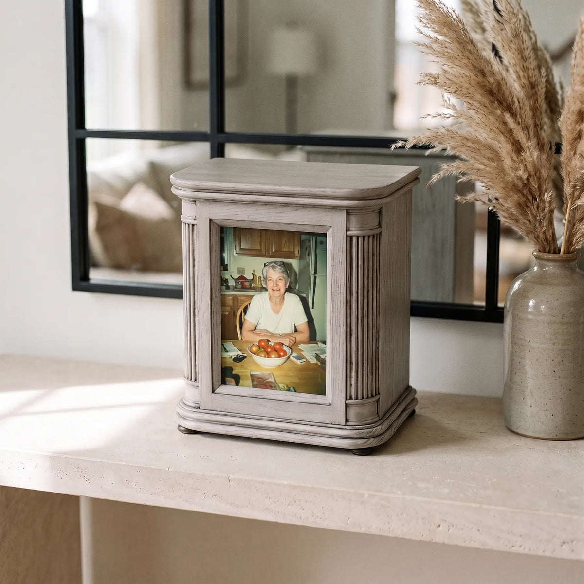Honor IV Adult Photo Urn - shown in a home