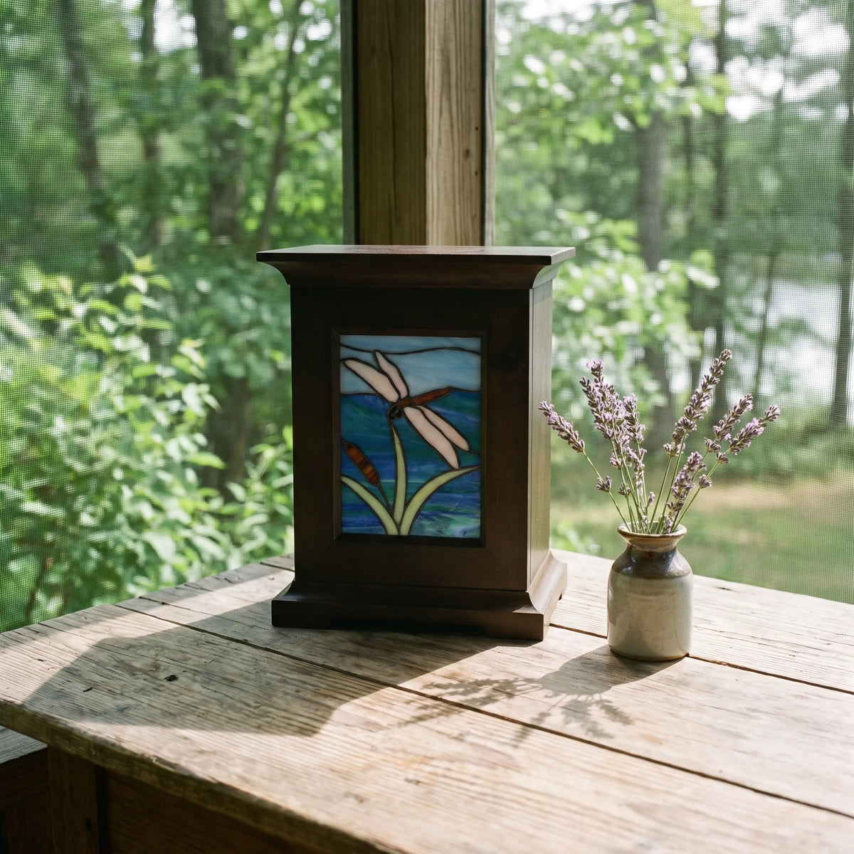 Stained Glass Adult Urn - Dragonfly - shown in a home