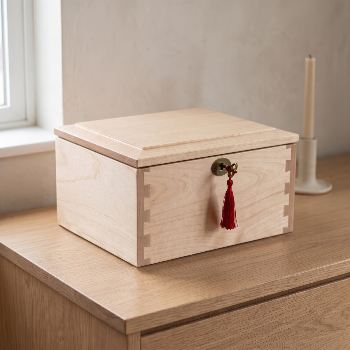 Natural maple wood urn chest on a table in a softly lit room