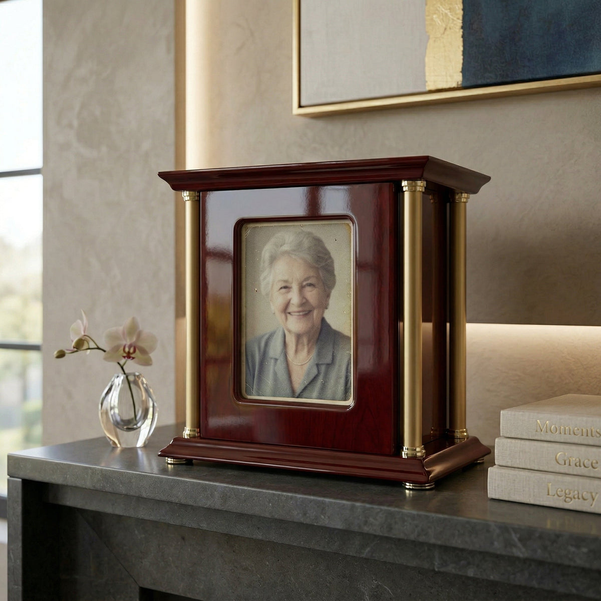 Cherry wood portrait urn with a framed photo displayed on a fireplace mantel