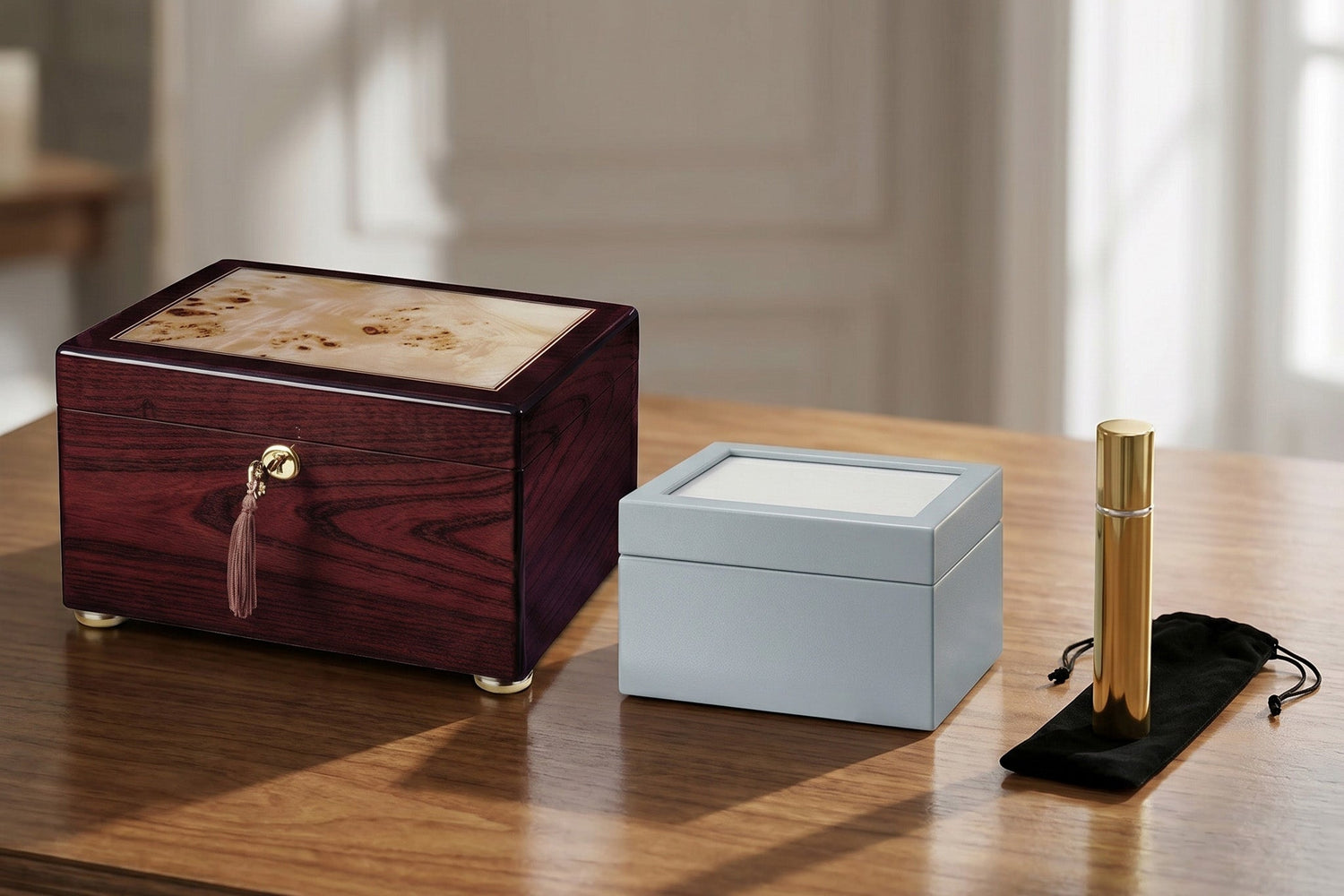 3 different sized urns lined up next to each other