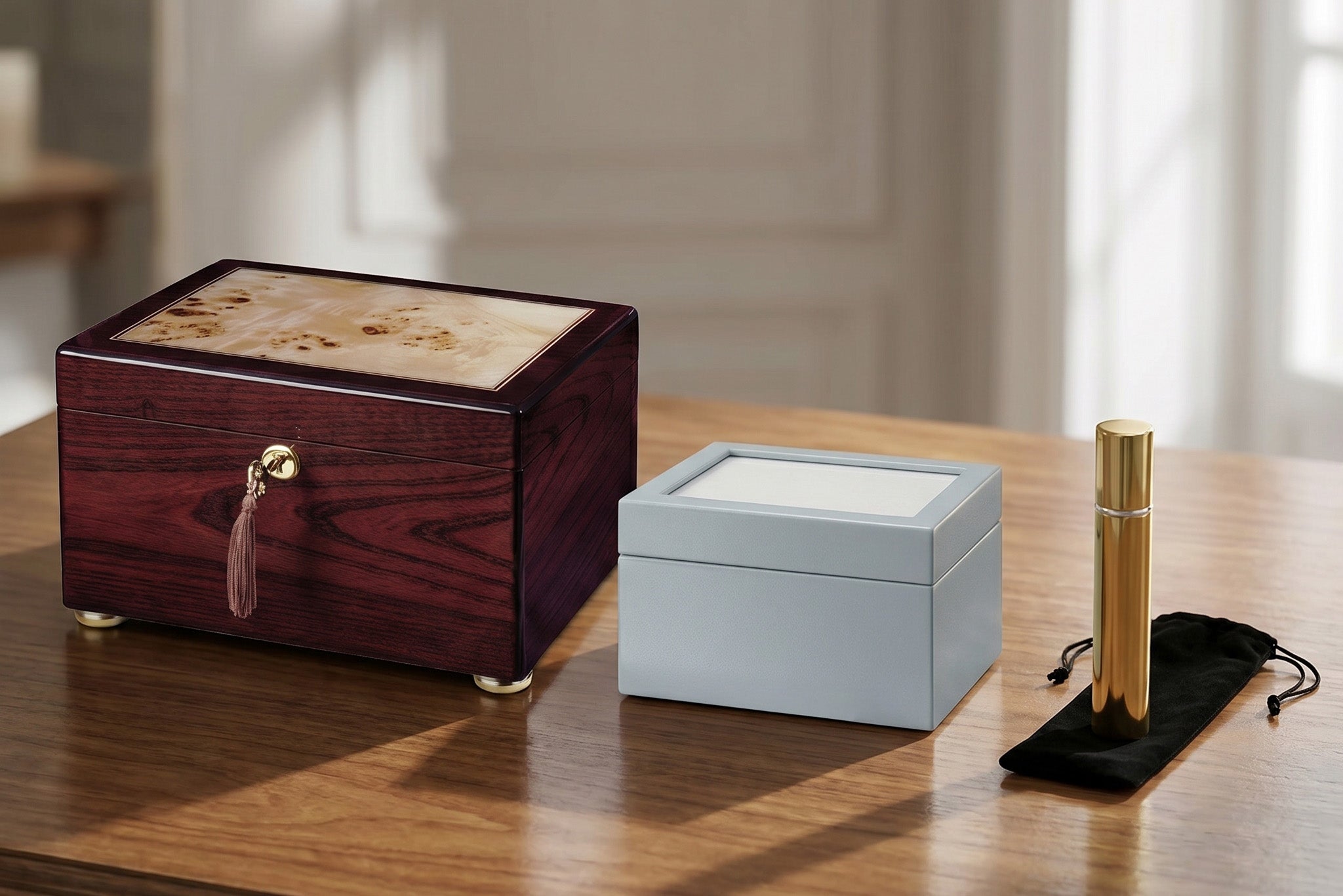 3 different sized urns lined up next to each other