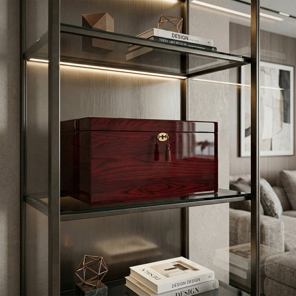 Wooden urn chest on a glass shelf in a modern home