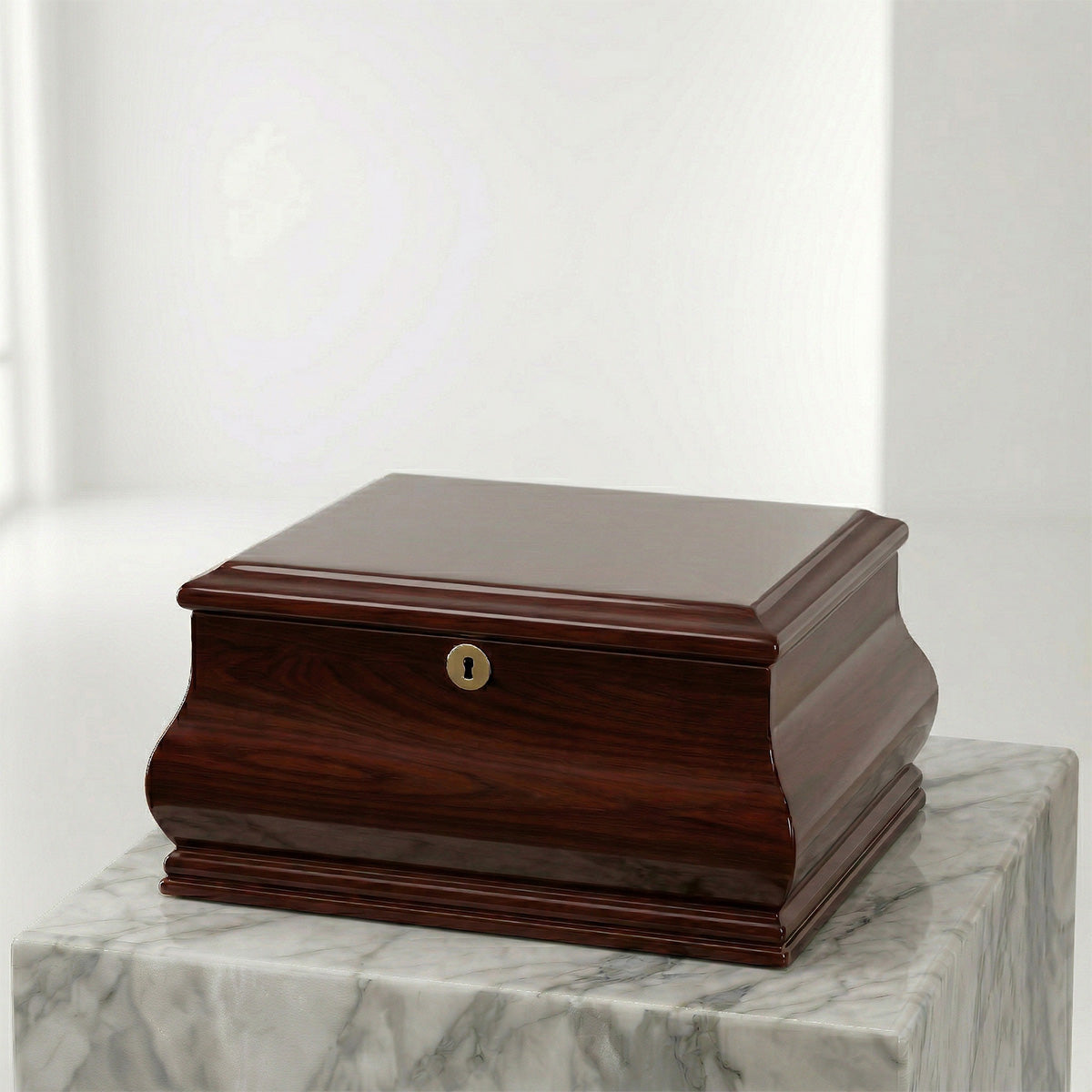 Wooden urn on a marble surface with a white background