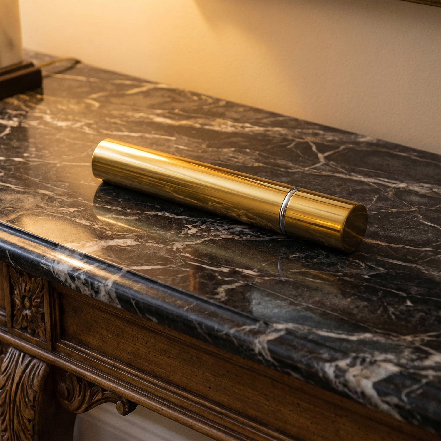 Bronze scattering tube on a dark marble surface