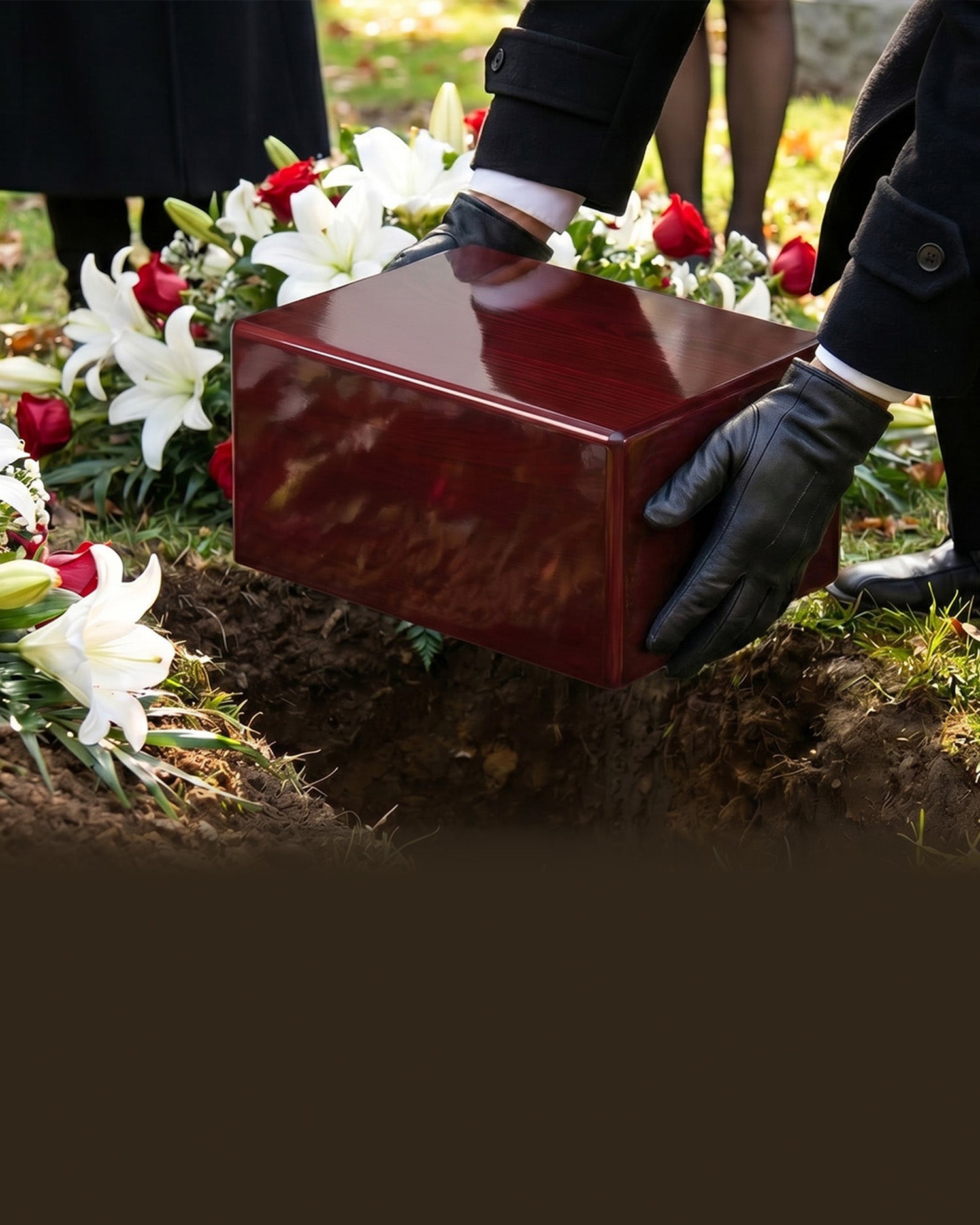 Red urn being placed into a grave with flowers around