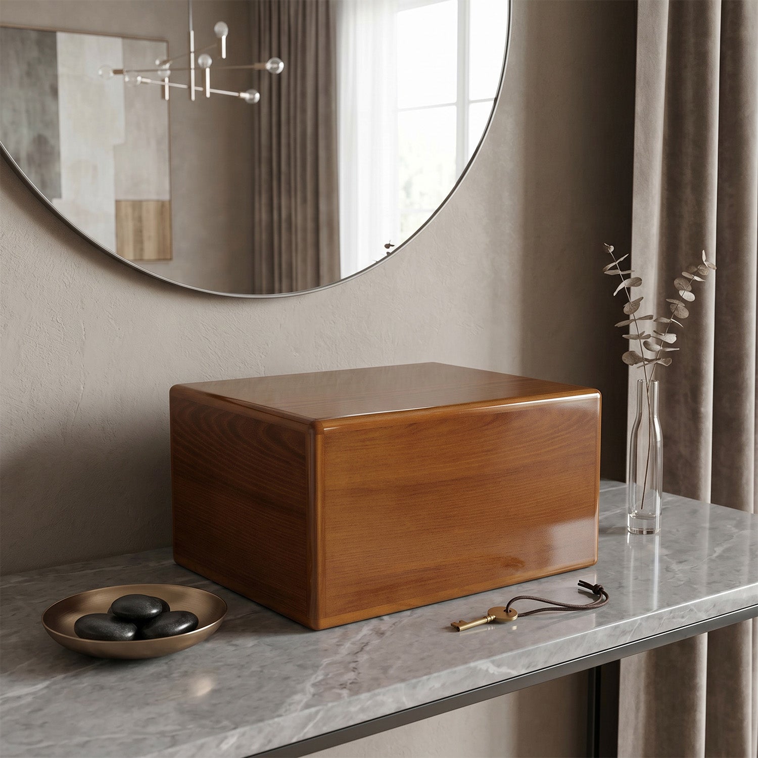 Wooden un box on a marble surface with a round mirror and decorative elements in the background.