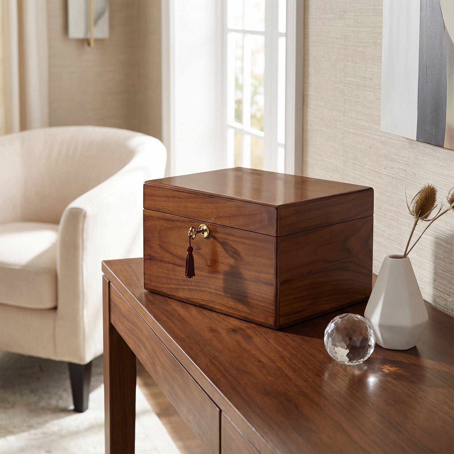 Wooden urn box on a wooden table with a chair and decorative items in the background