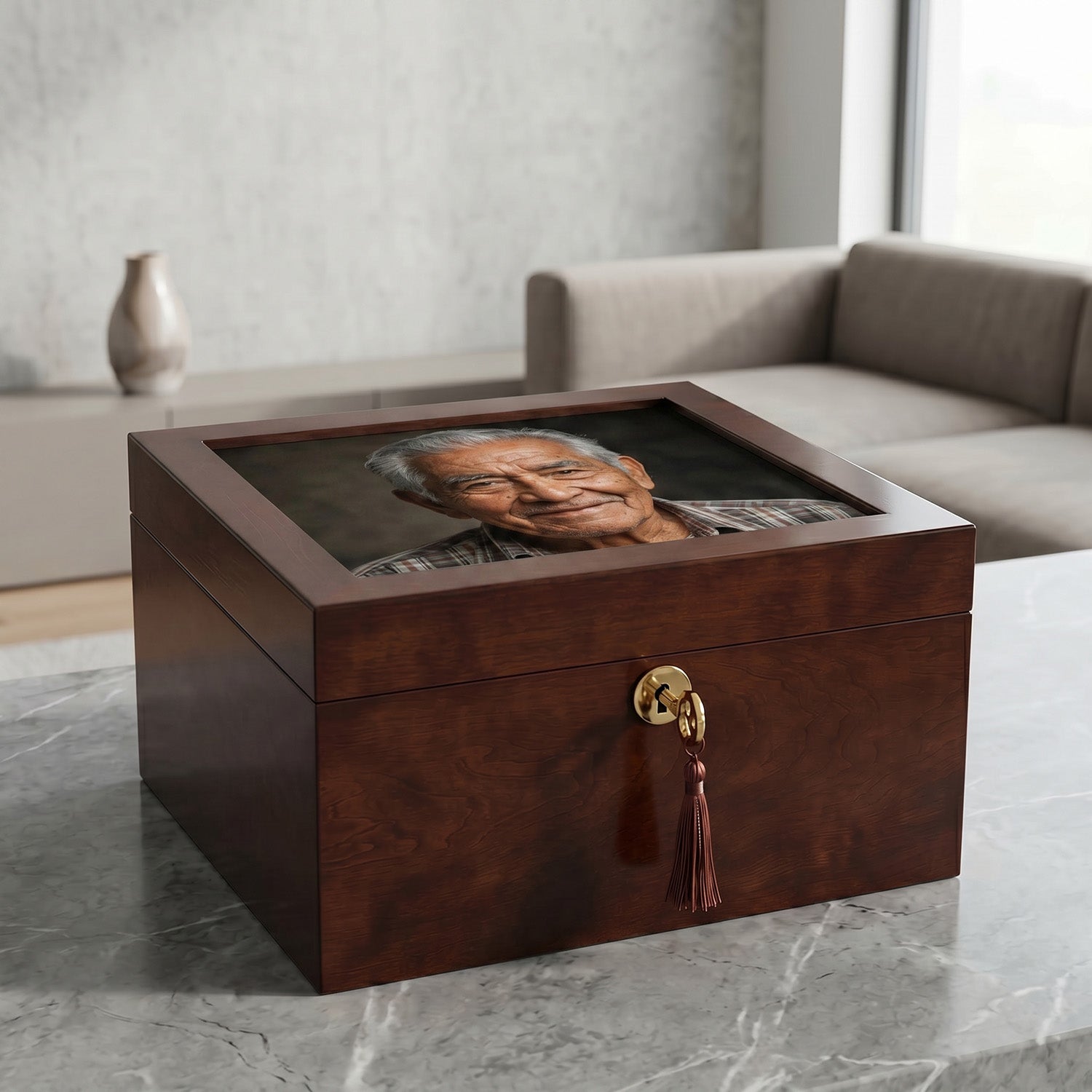 Wooden portrait urn chest with a portrait on the lid in a living room setting