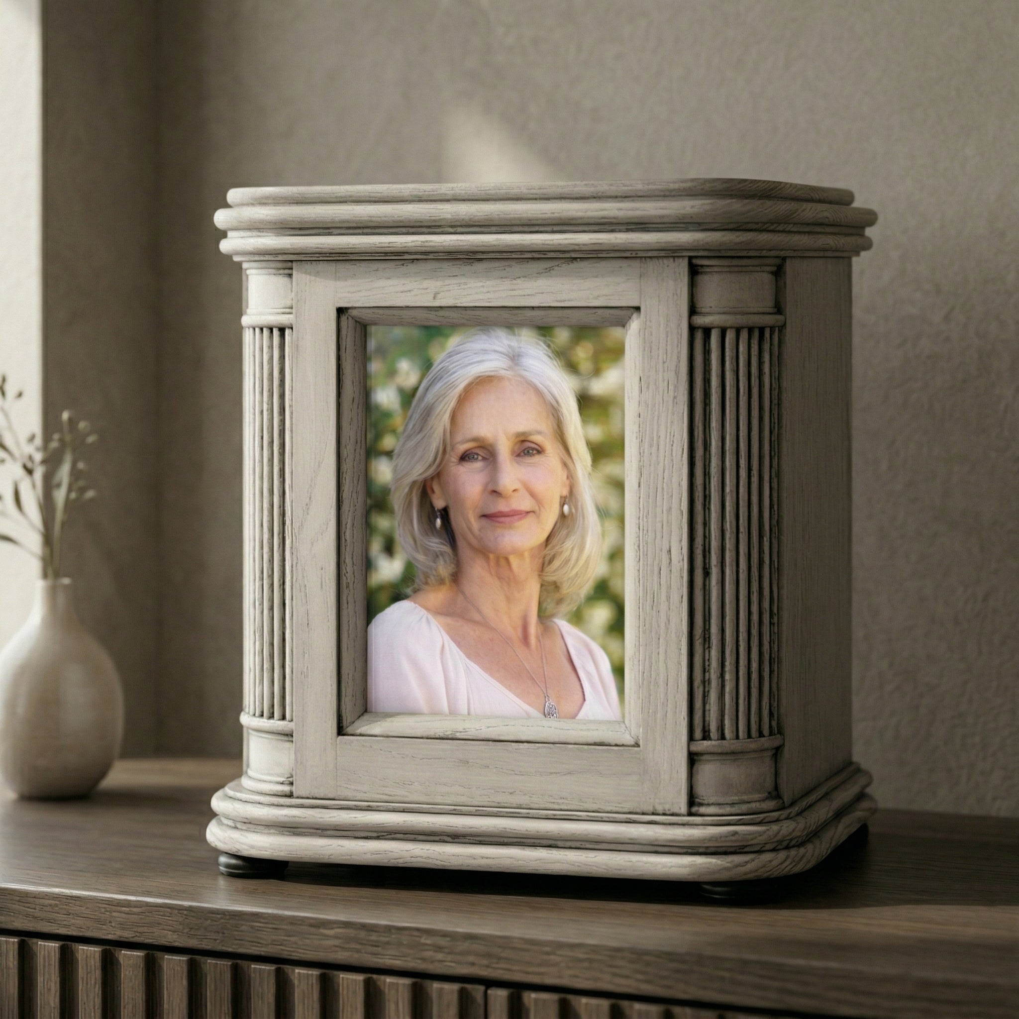 Decorative photo frame urn with a portrait of a woman on a wooden surface.