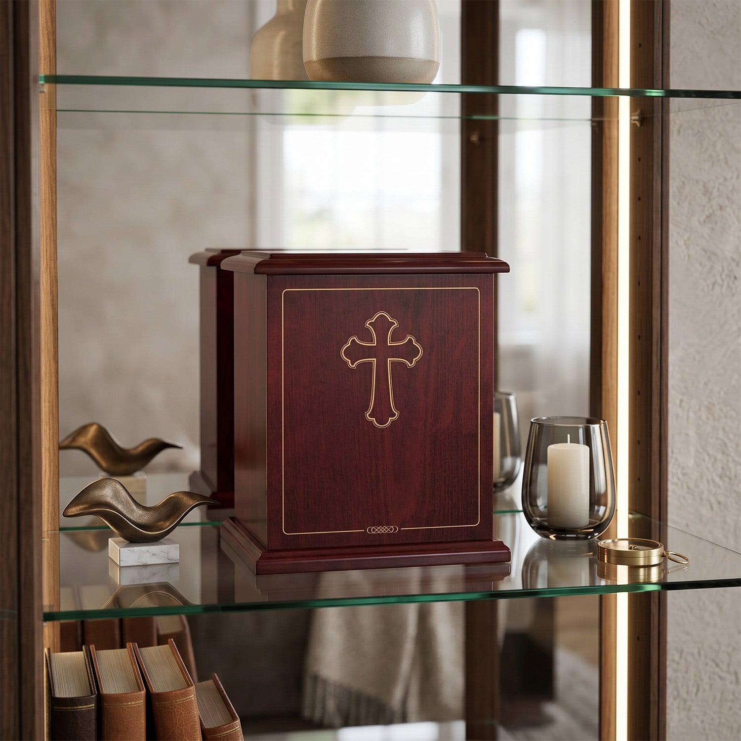 Wooden urn with cross design on a glass shelf