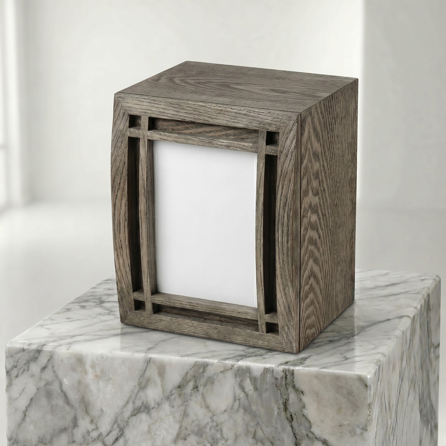 Wooden curbed portrait urn on a marble surface with a white background