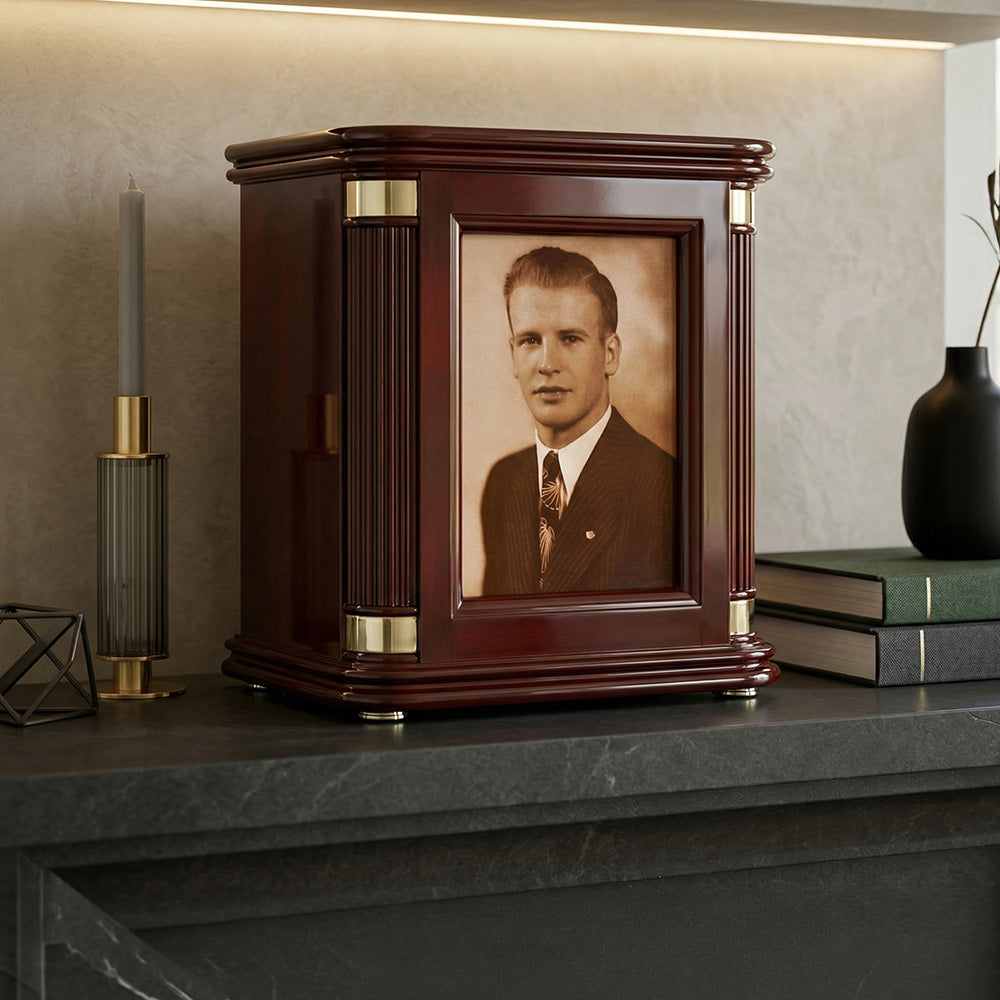 Wooden photo frame with a vintage portrait on a shelf with decorative items.