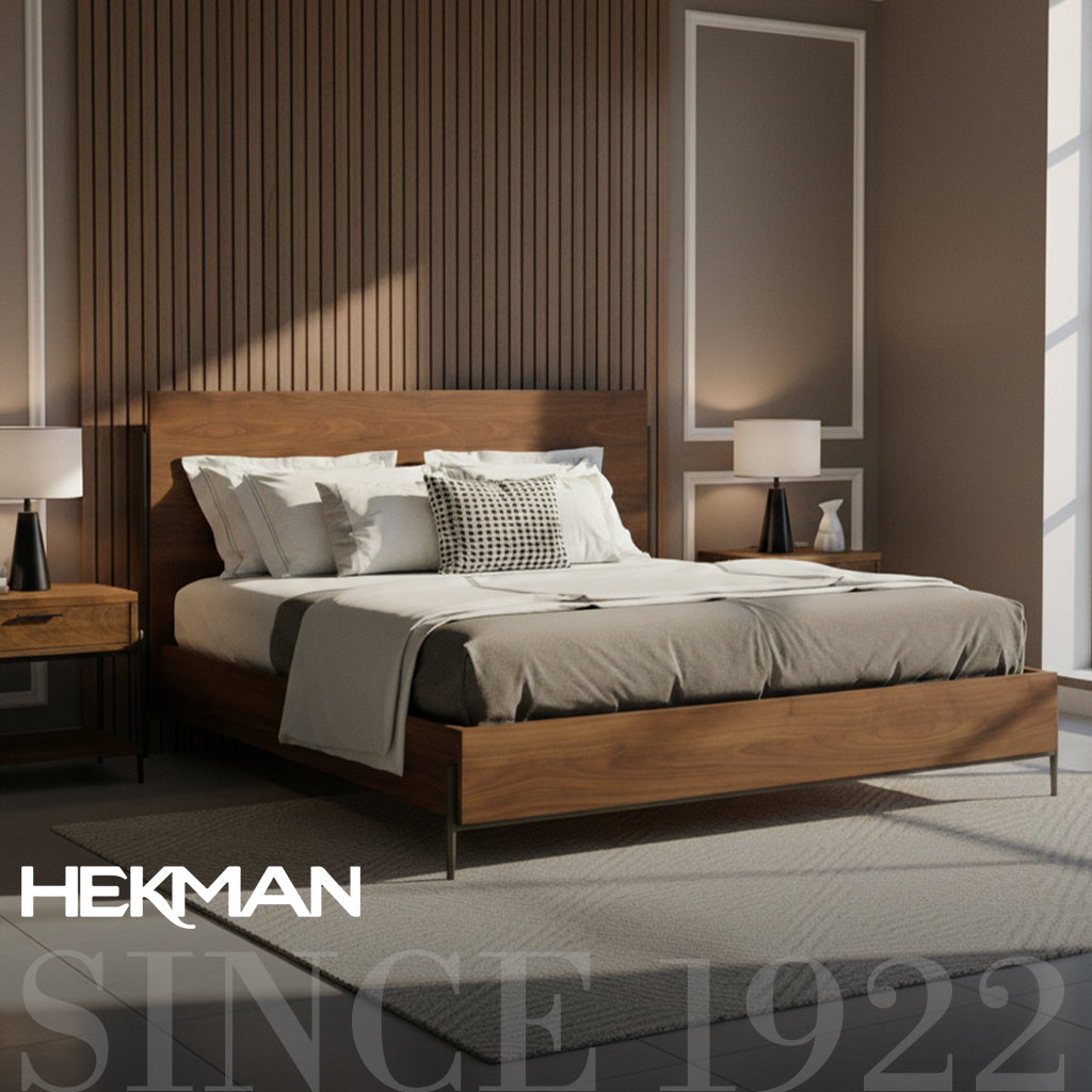 Modern bedroom with wooden bed and Hekman branding
