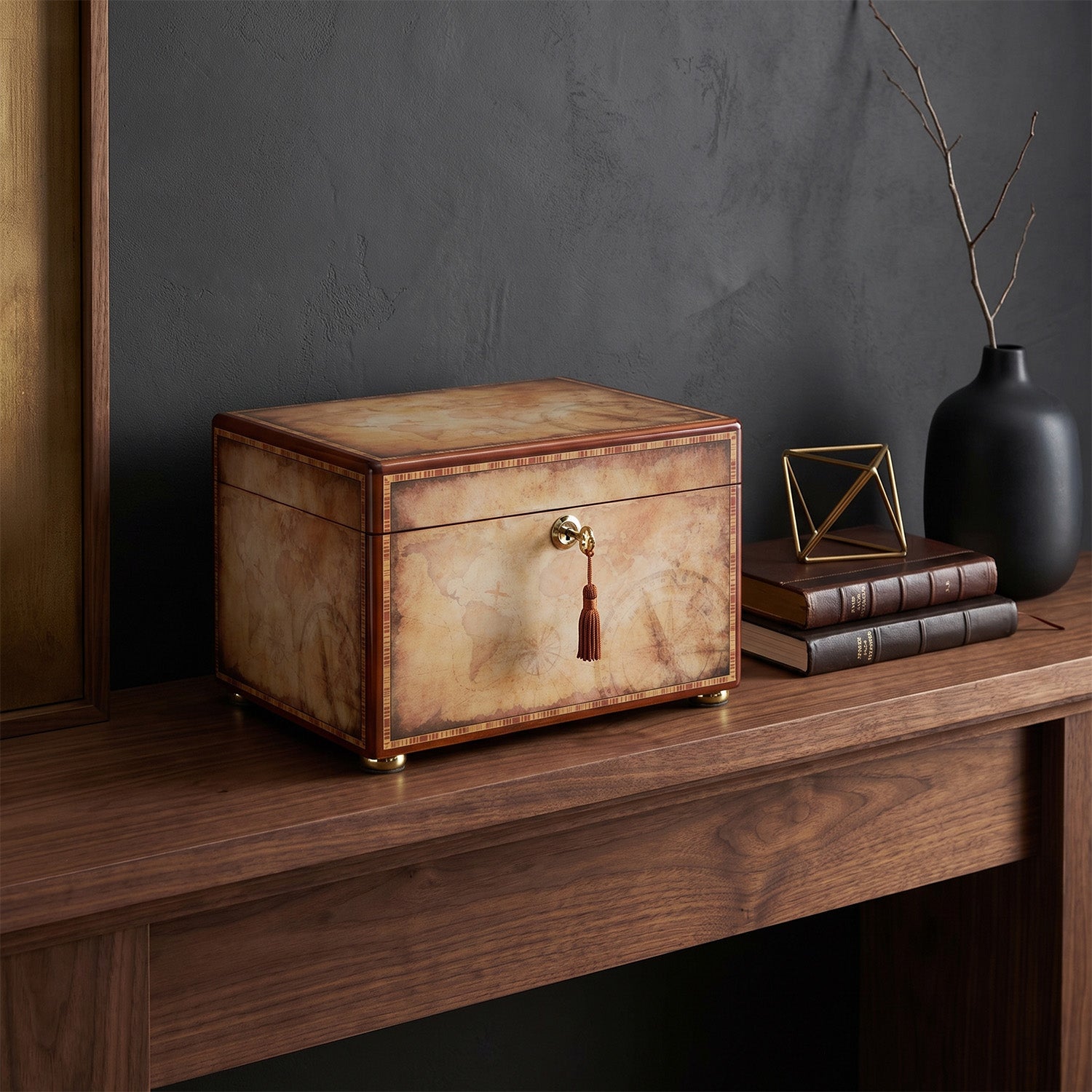 Vintage-style urn chest on a wooden surface with a dark wall background