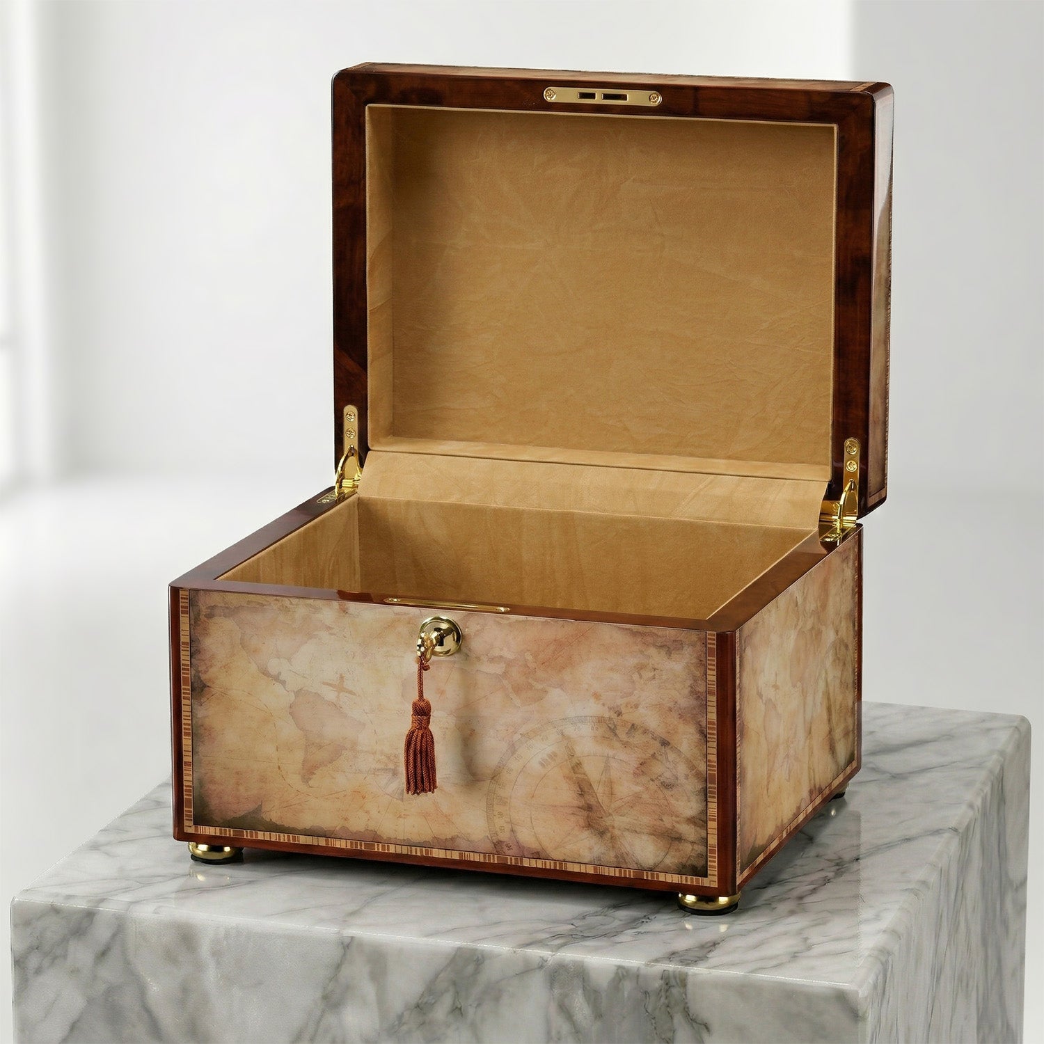 Wooden box urn with marble pattern on a marble surface