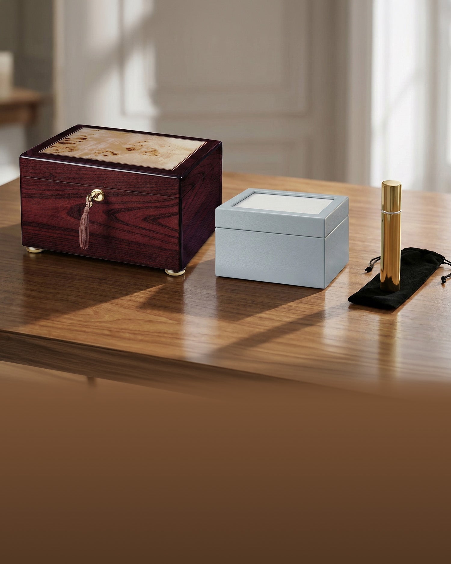 Two urn boxes on a wooden surface with a neutral background