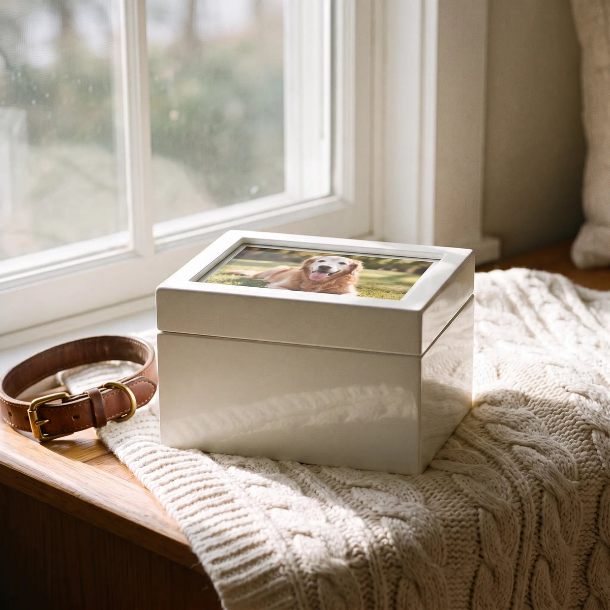 Precious Ivory Pet Photo Urn - shown in a home