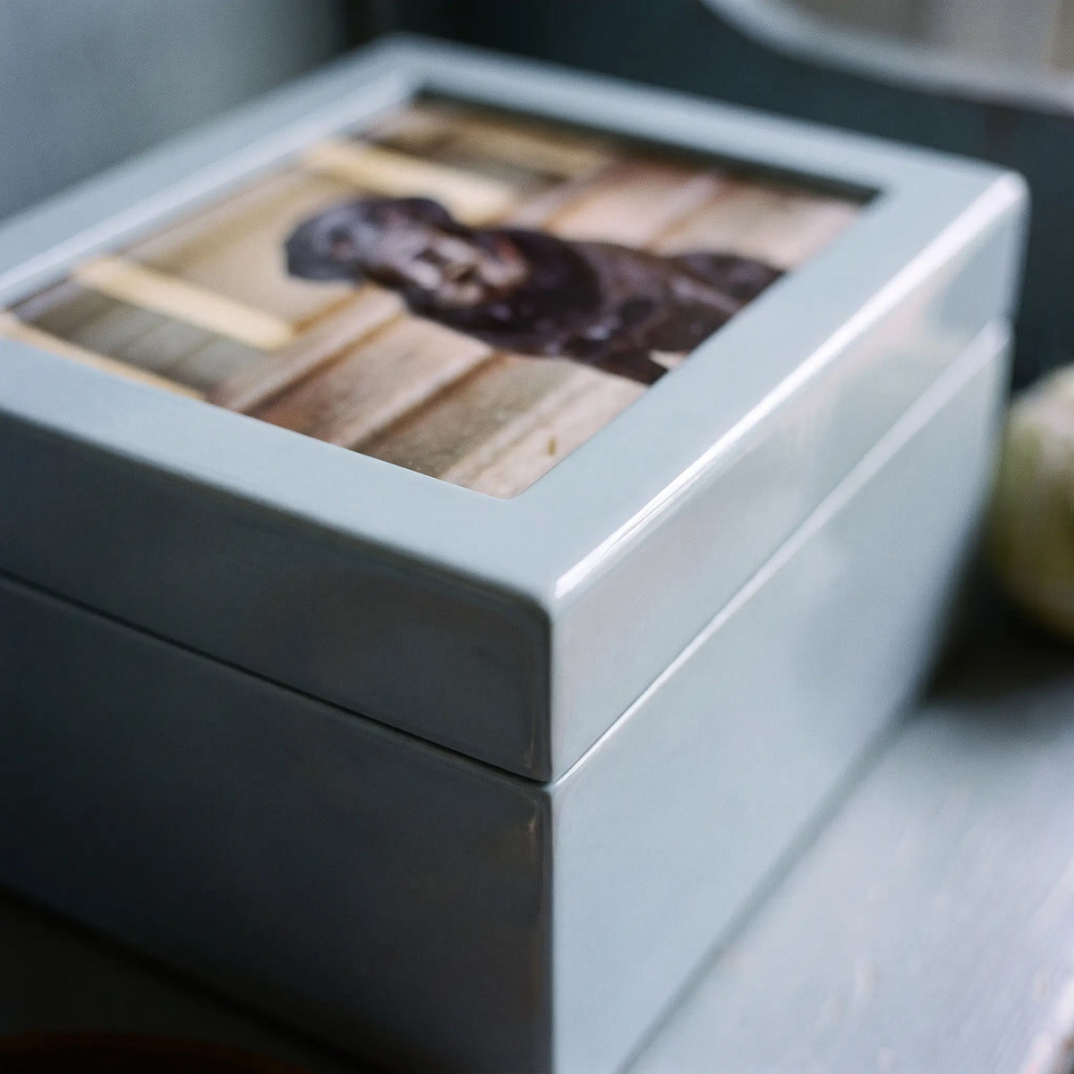 Precious Blue Pet Photo Urn - close-up detail