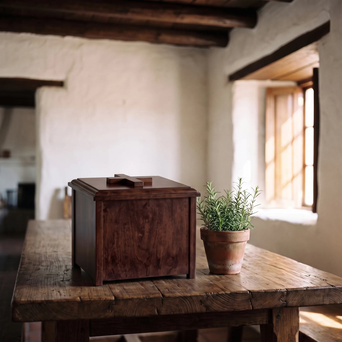 Faith Adult Urn Chest - shown in a home