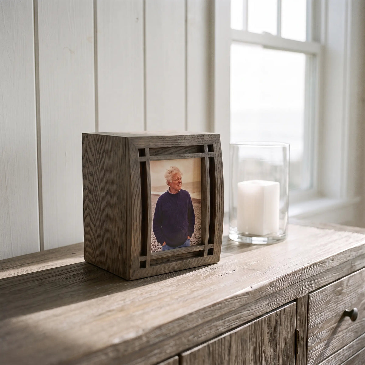 Mission Seaside Adult Photo Urn - shown in a home