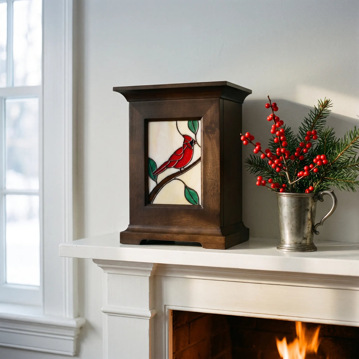 Stained Glass Adult Urn - Cardinal - shown in a home