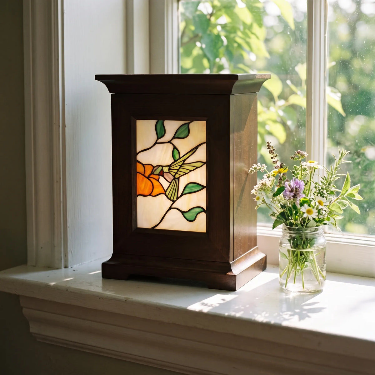 Stained Glass Adult Urn - Hummingbird - shown in a home