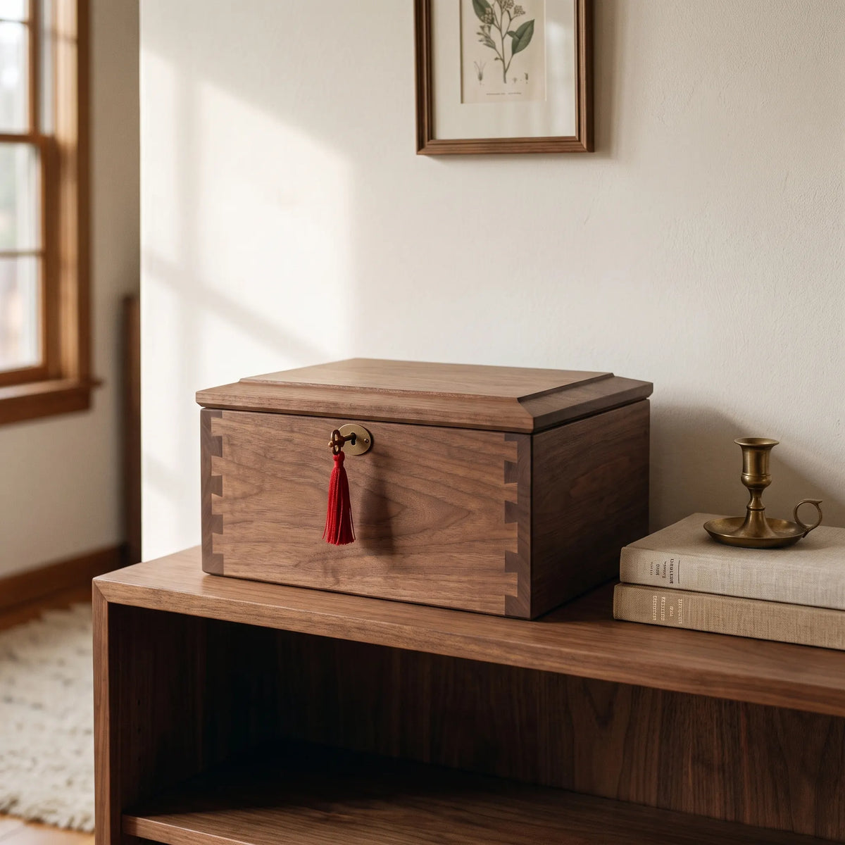 Radiance III Walnut Urn Chest - shown in a home