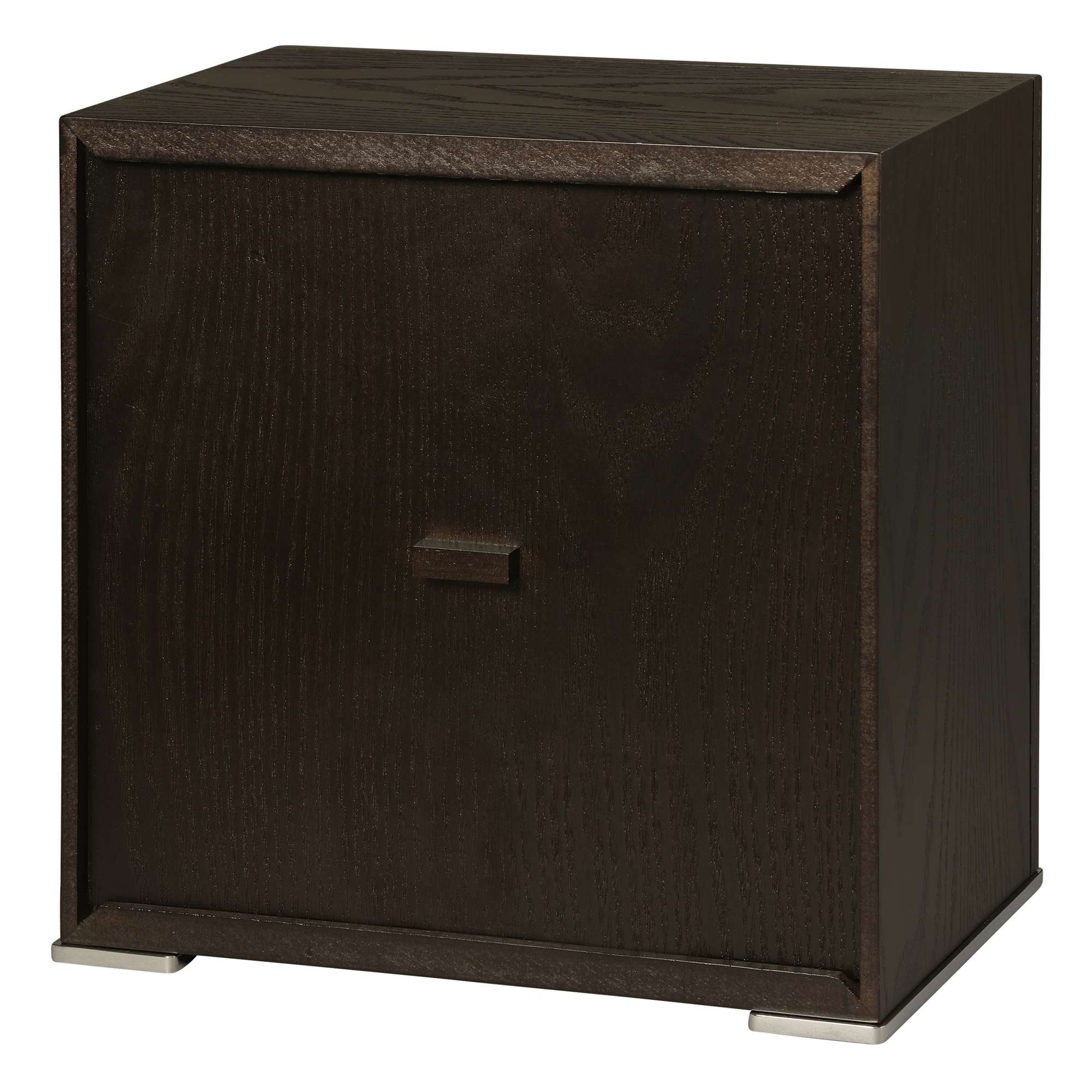A simple dark wooden storage box with a small handle.